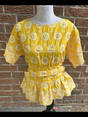 Tory Burch Yellow White Floral Eyelet Peplum Tunic